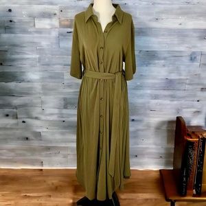 BloomChic Army Green Solid Button Pocket Shirt Collar Belted Maxi Dress (US 10)